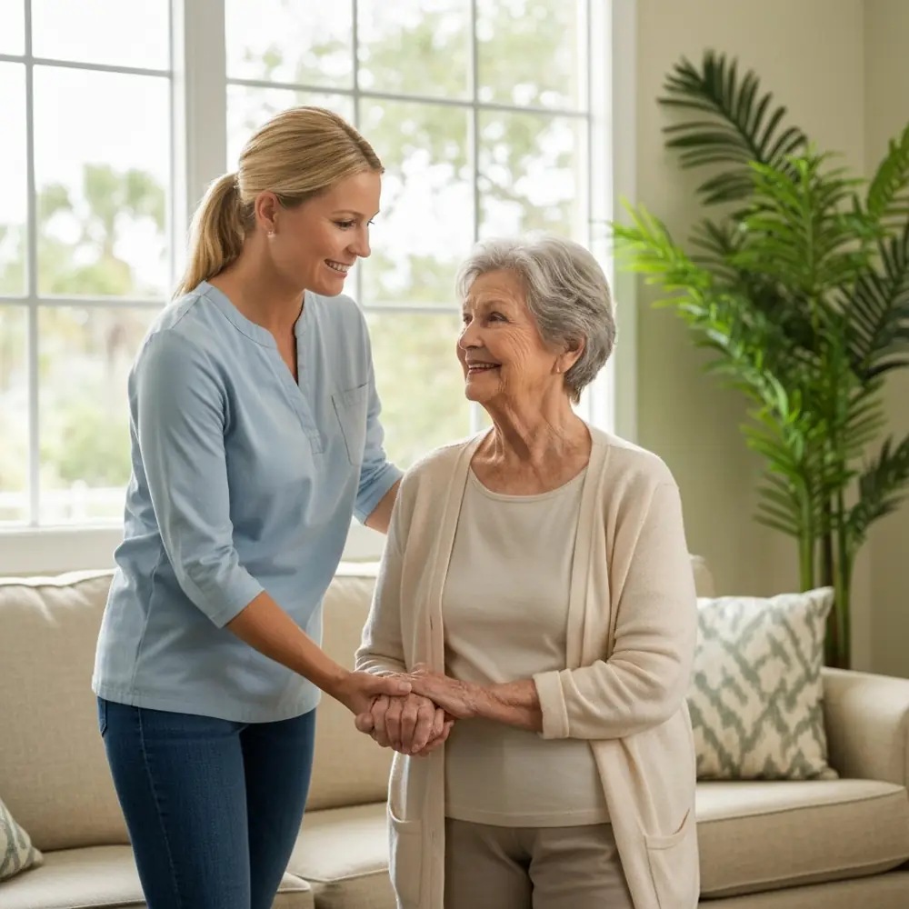 A helper holding an older woman's hands in a bright Florida living room